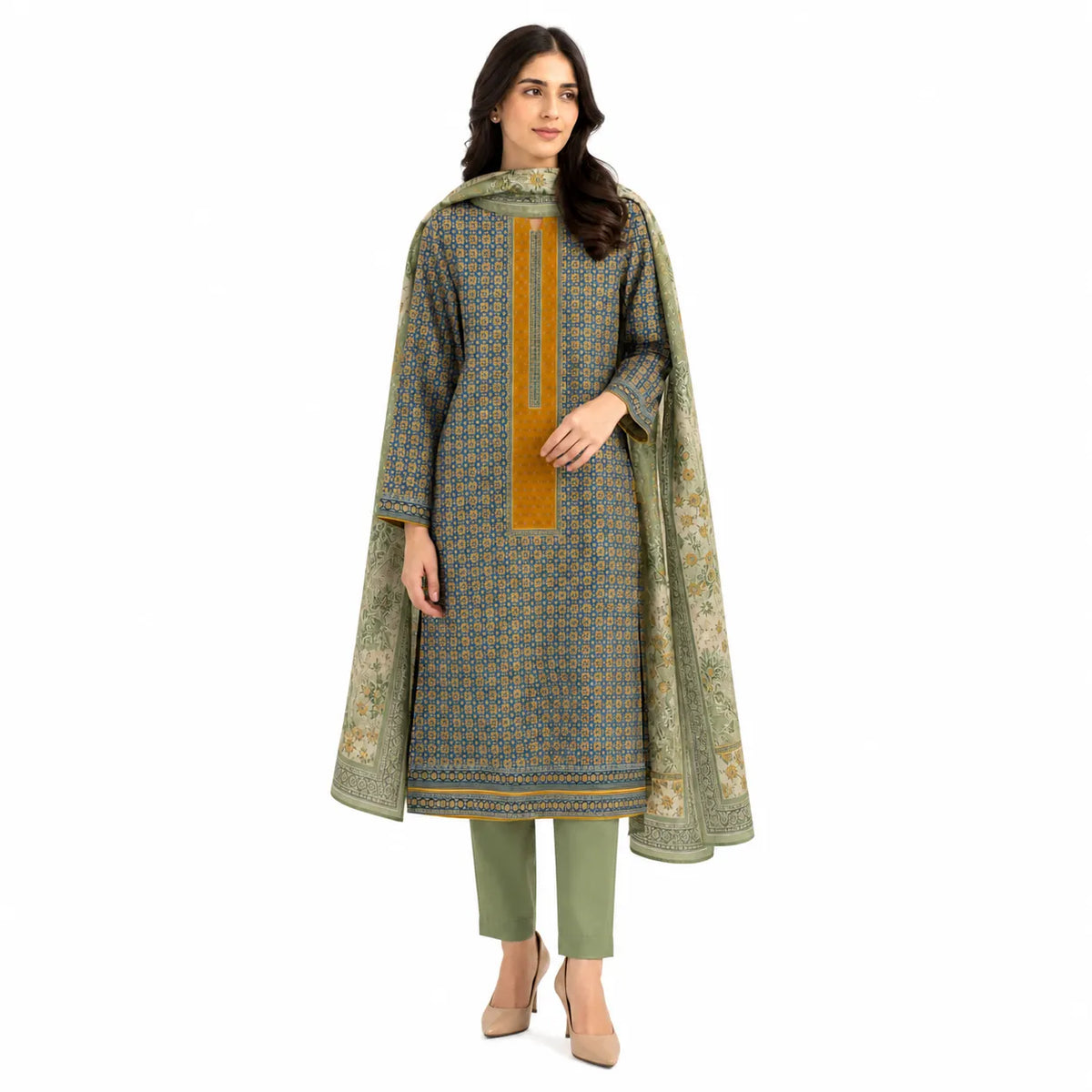 Unstitched 3-Piece Printed Khaddar Suit - Noor-E-Bano