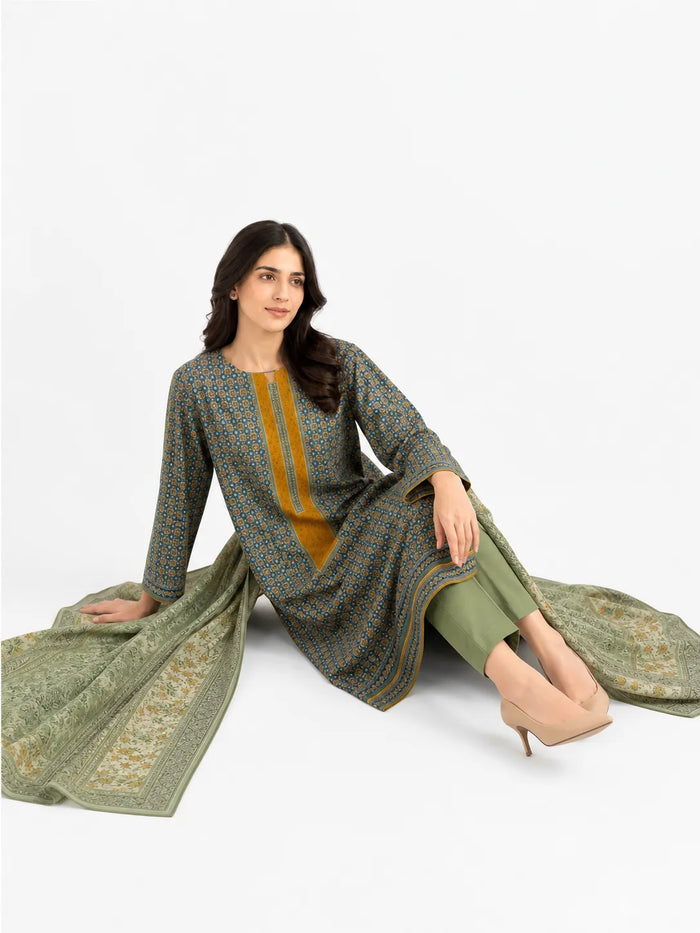 Unstitched 3-Piece Printed Khaddar Suit - Noor-E-Bano