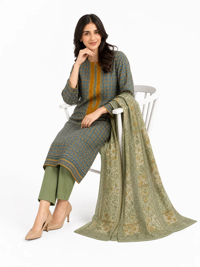 Unstitched 3-Piece Printed Khaddar Suit - Noor-E-Bano