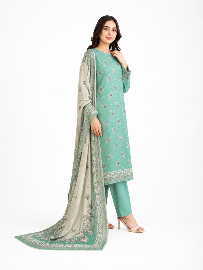 Unstitched 3-Piece Printed Khaddar Suit - Noor-E-Bano