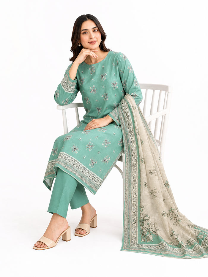 Unstitched 3-Piece Printed Khaddar Suit - Noor-E-Bano