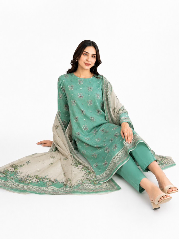 Unstitched 3-Piece Printed Khaddar Suit - Noor-E-Bano