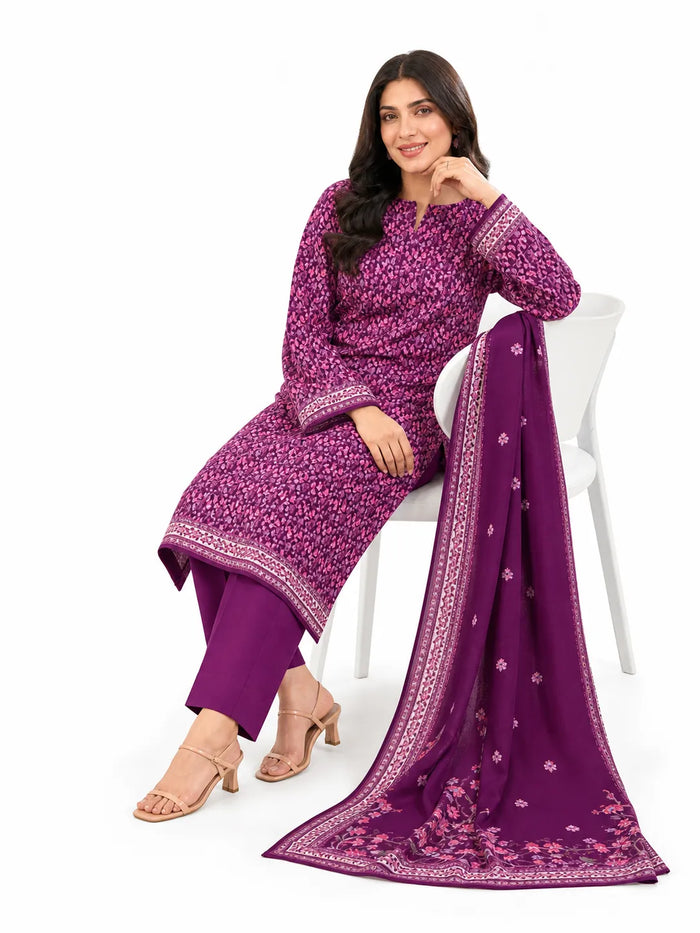 Unstitched 3-Piece Printed Khaddar Suit - Noor-E-Bano