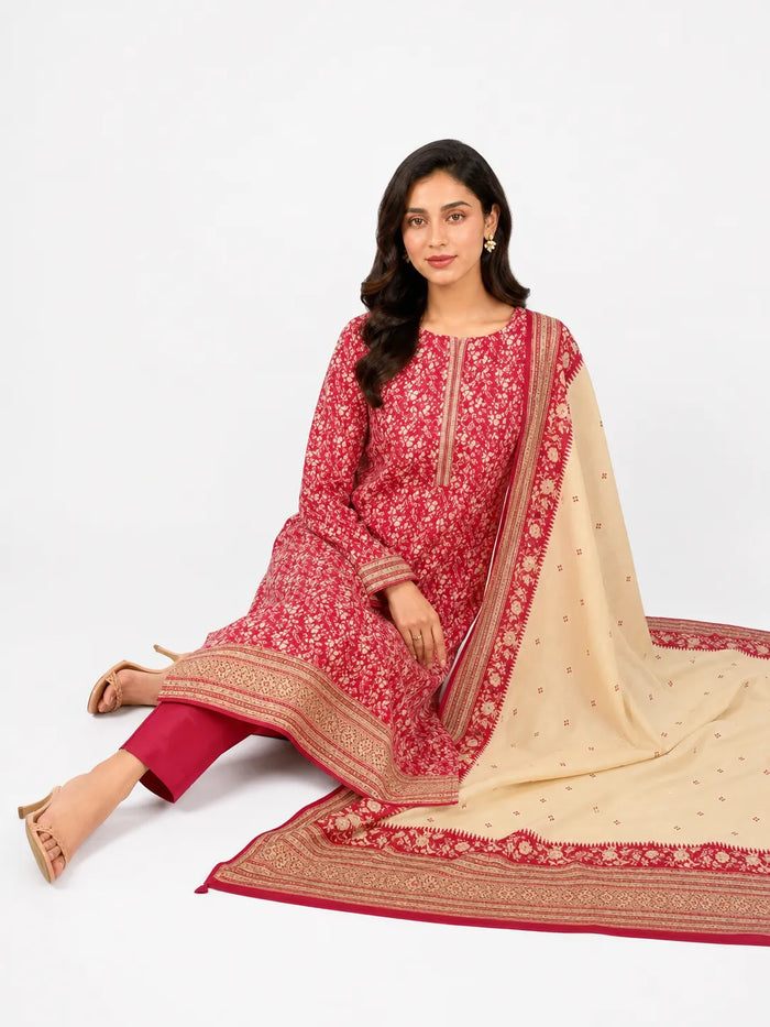 Unstitched 3-Piece Printed Khaddar Suit - Noor-E-Bano