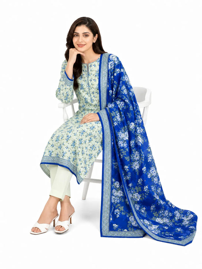 Unstitched 3-Piece Printed Khaddar Suit - Noor-E-Bano