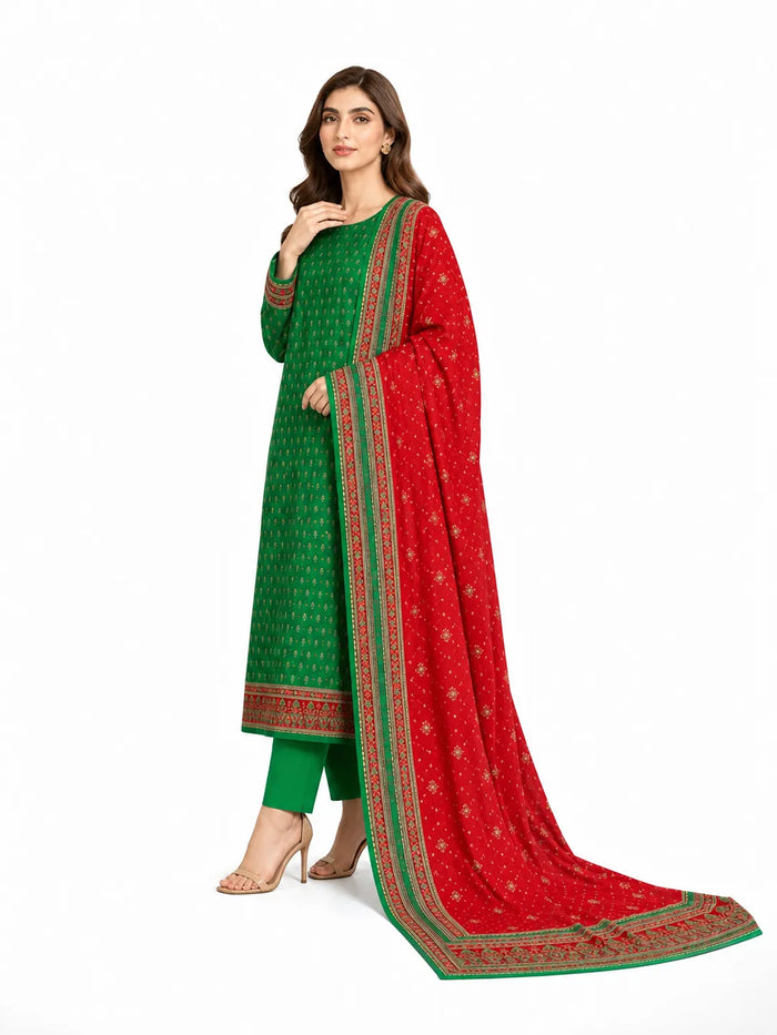 Unstitched 3-Piece Printed Khaddar Suit - Noor-E-Bano