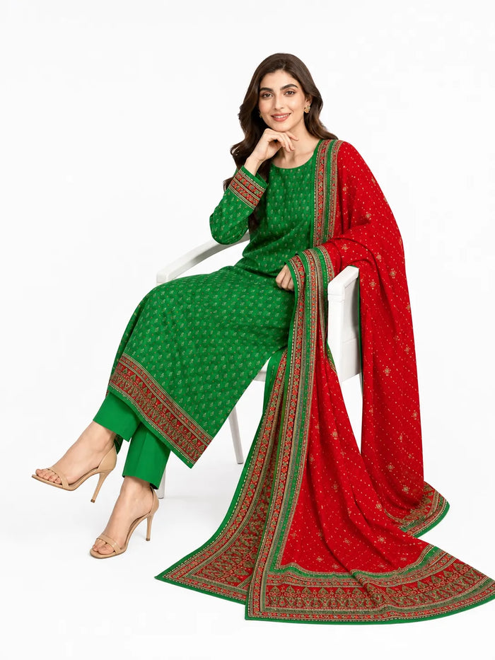 Unstitched 3-Piece Printed Khaddar Suit - Noor-E-Bano