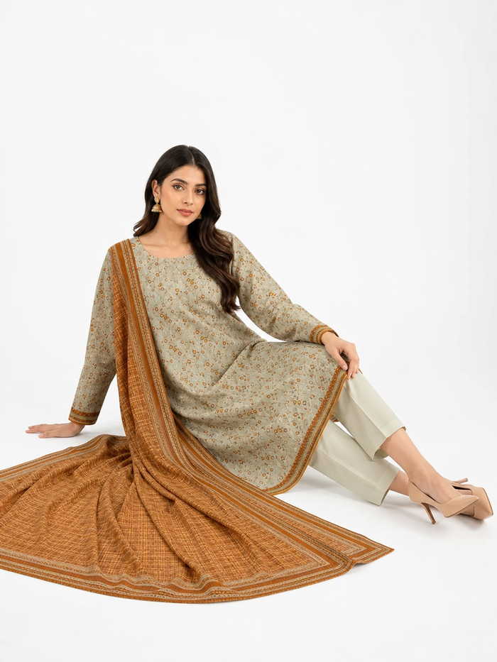 Unstitched 3-Piece Printed Khaddar Suit - Noor-E-Bano