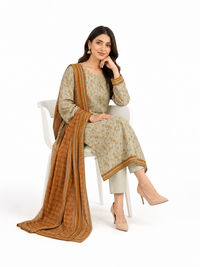 Unstitched 3-Piece Printed Khaddar Suit - Noor-E-Bano