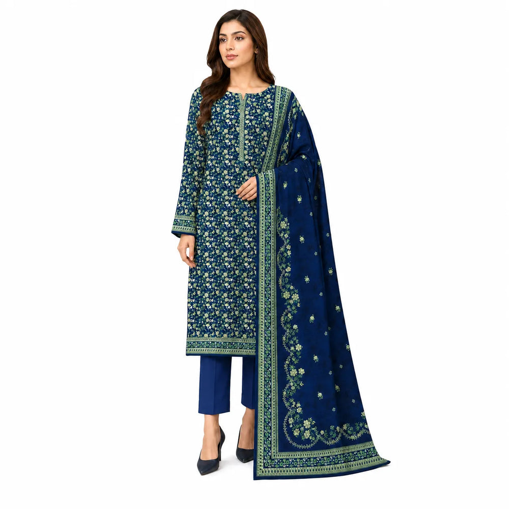Unstitched 3-Piece Printed Khaddar Suit - Noor-E-Bano