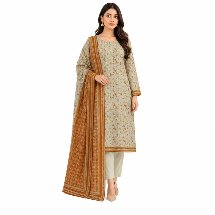 Unstitched 3-Piece Printed Khaddar Suit - Noor-E-Bano