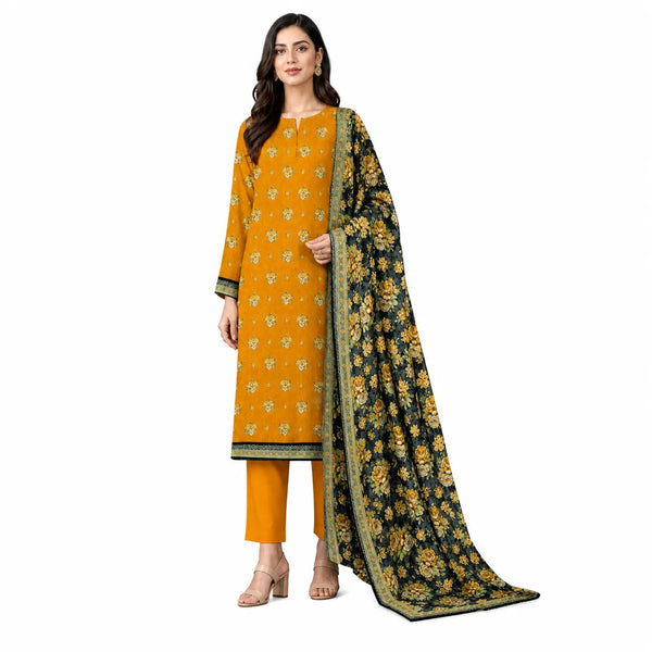 Unstitched 3-Piece Printed Khaddar Suit - Noor-E-Bano