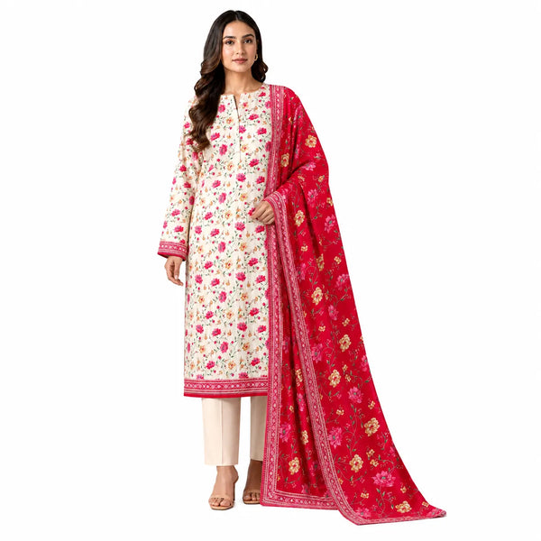 Unstitched 3-Piece Printed Khaddar Suit - Noor-E-Bano
