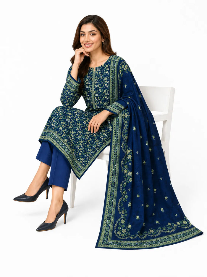 Unstitched 3-Piece Printed Khaddar Suit with Khaddar Dupatta