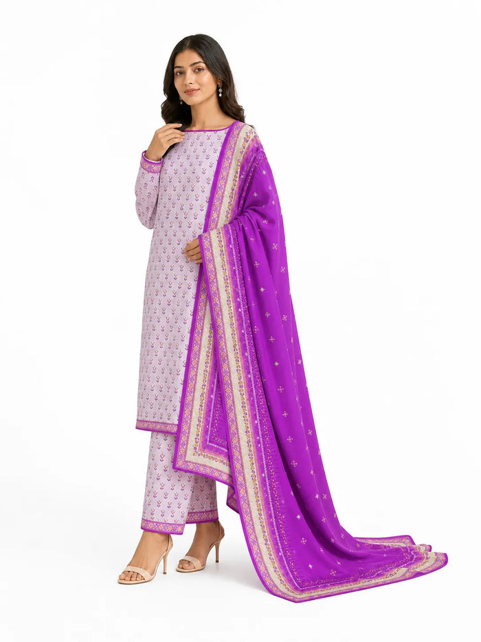 Unstitched 3-Piece Printed Khaddar Suit - Noor-E-Bano