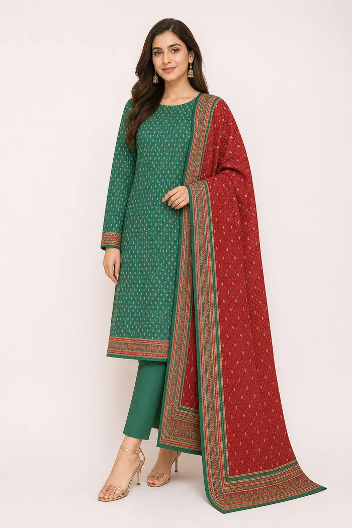 A woman modeling a traditional three-piece salwar kameez suit set. The set features a green kurta with small white motifs and a red dupatta with green borders and white motifs, paired with matching green pants.