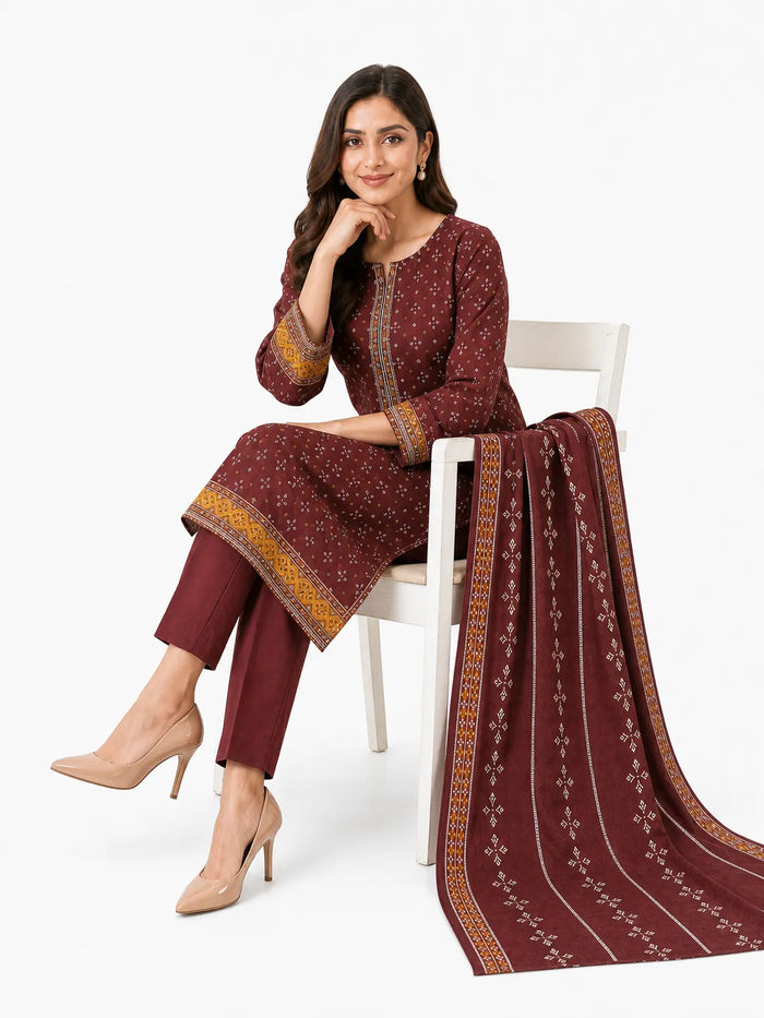 Stitched 3-Piece Khaddar Suit | Noor-E-Bano Winter Collection