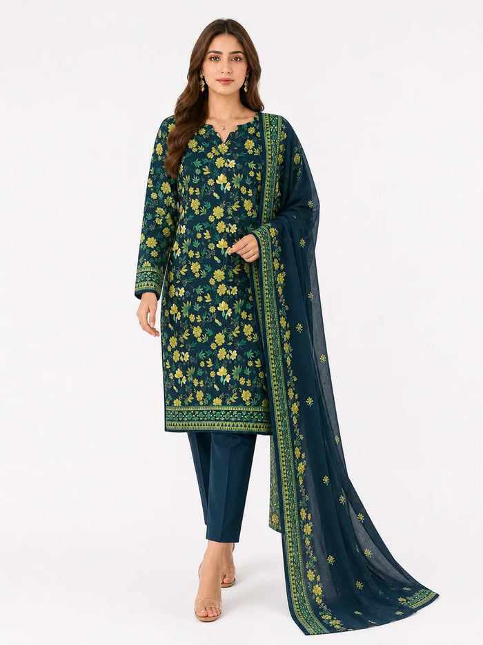 A woman modeling a traditional Indian salwar kameez set featuring a dark teal-green tunic with yellow floral embroidery, matching slim trousers, and a sheer navy blue dupatta with a yellow border.