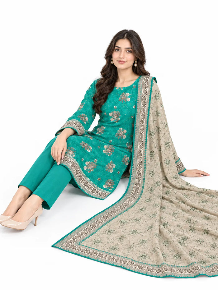 Stitched 3-Piece Khaddar Suit with Khaddar Dupatta - Noor-E-Bano