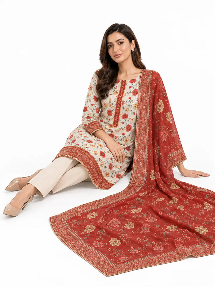 A woman models a traditional South Asian salwar kameez suit set, featuring a cream-colored kurta with red floral prints and a matching red dupatta with gold borders, paired with beige trousers, against a plain white background.