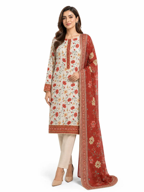Stitched 3-Piece Khaddar Suit with Khaddar Dupatta - Noor-E-Bano