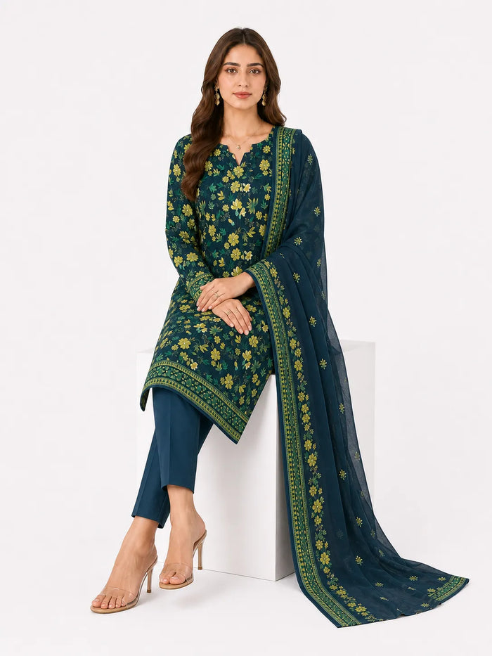 A woman models a dark teal green ethnic salwar kameez suit with yellow floral embroidery and a matching dupatta, paired with navy blue pants and beige high-heeled sandals, seated on a white block against a white background.