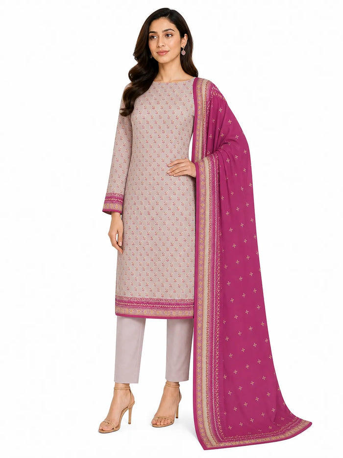Unstitched 3-Piece Printed Khaddar Suit - Noor-E-Bano