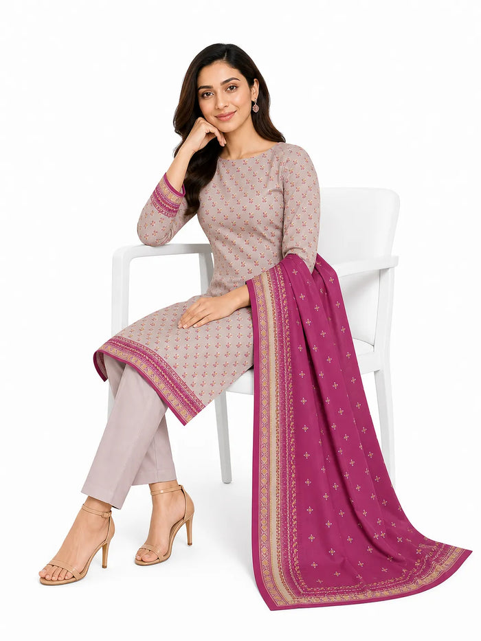 Unstitched 3-Piece Printed Khaddar Suit - Noor-E-Bano