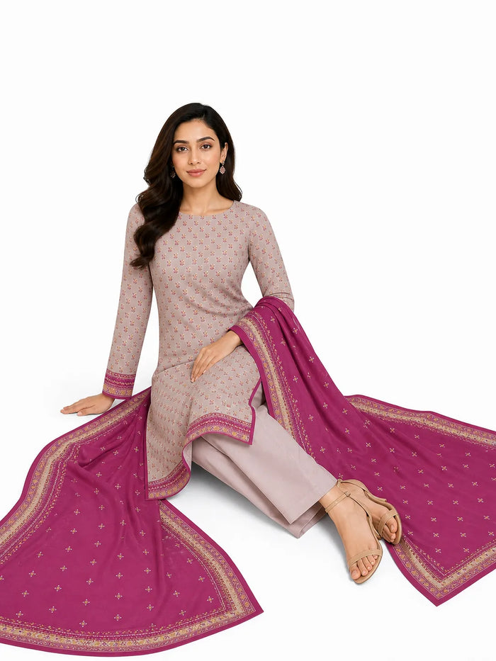 Unstitched 3-Piece Printed Khaddar Suit - Noor-E-Bano