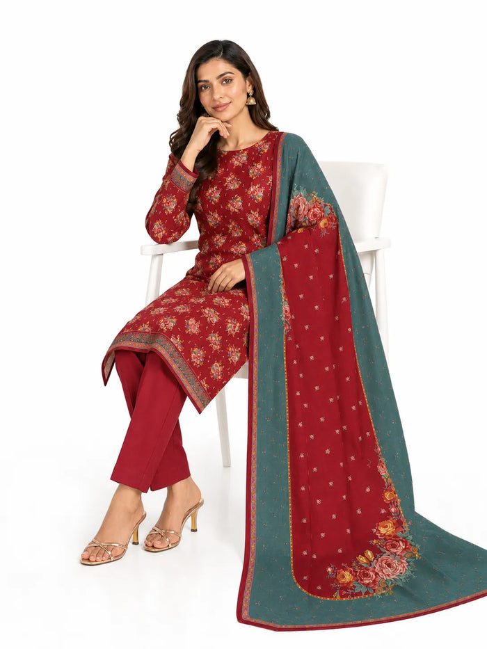 A woman seated on a white chair wearing a traditional Indian salwar kameez outfit. The outfit features a deep red kurta and trousers with intricate floral embroidery, paired with a matching deep red dupatta draped over her shoulder and a contrasting teal-green border.