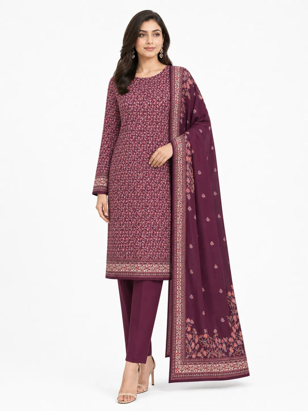 Unstitched 3-Piece Printed Khaddar Suit - Noor-E-Bano