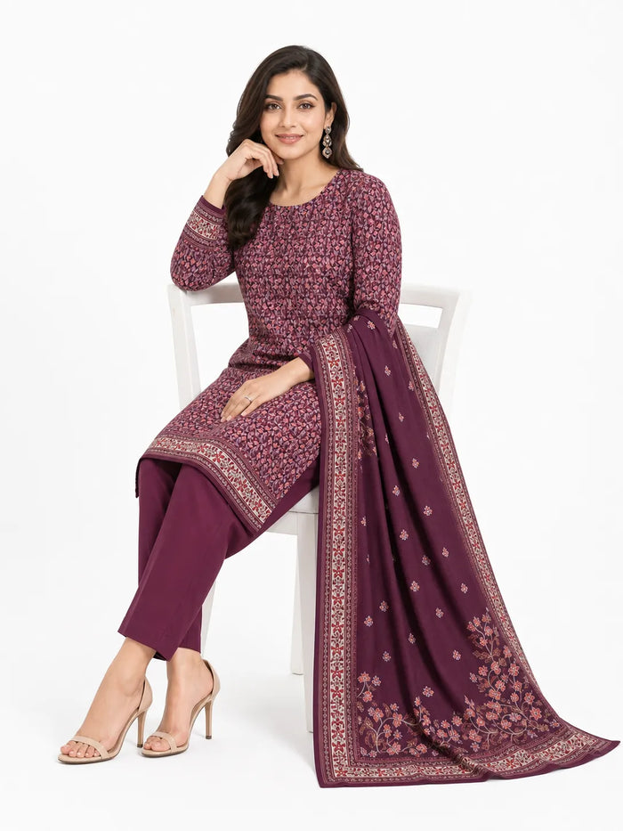 A woman models a traditional Indian salwar kameez suit in deep purple with intricate floral patterns and a matching dupatta, seated on a white chair against a plain white background.